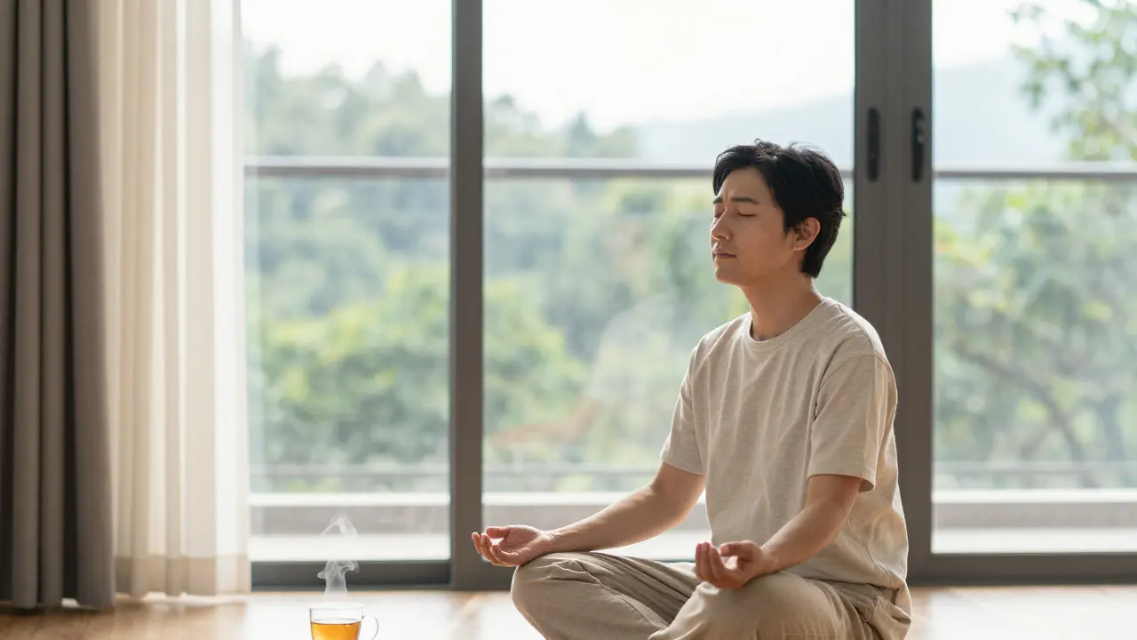 Person meditating peacefully in sunlit room, embodying calm presence