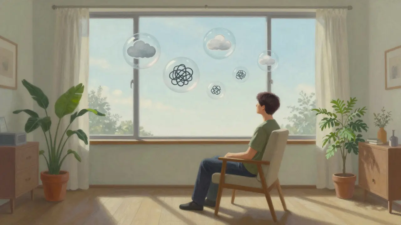 Person observing floating worry bubbles with detachment
