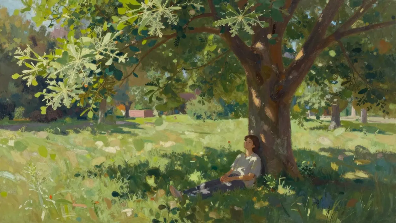 Person relaxing under a leafy tree in a park, surrounded by dappled sunlight.
