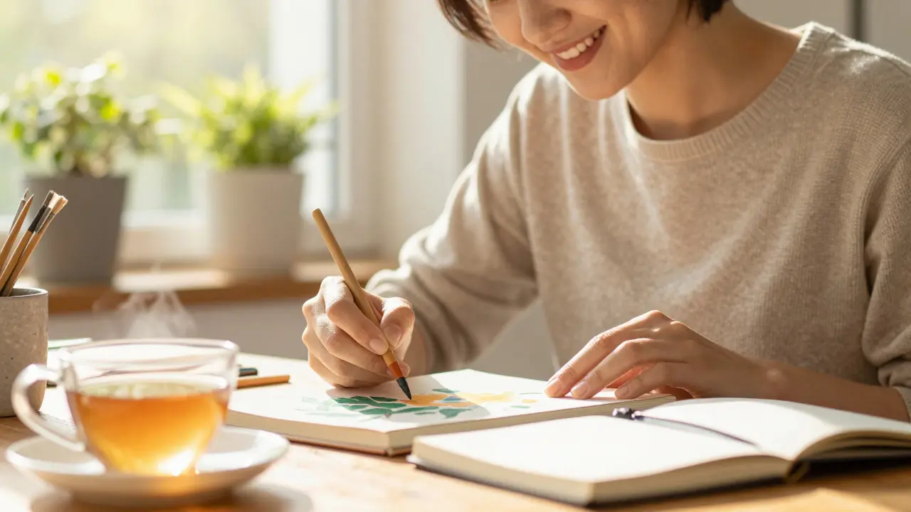 Relaxed person enjoying a creative hobby in a sunny room