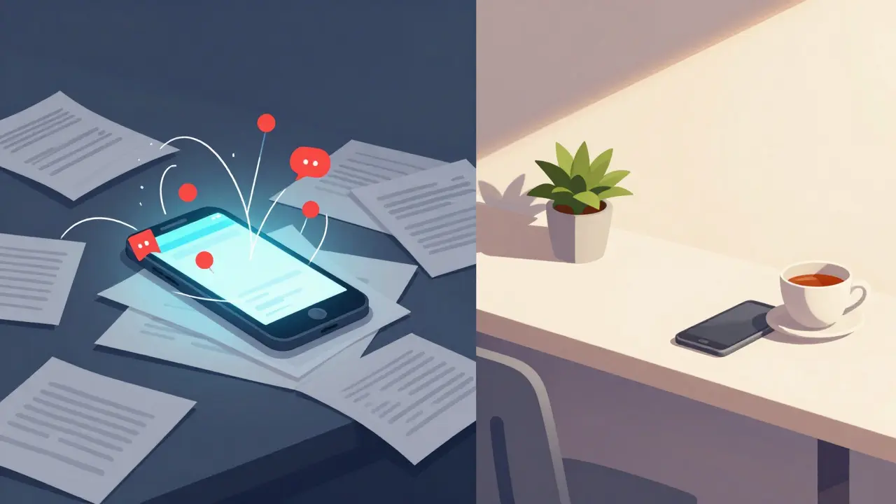 Split view comparing a cluttered, notification-filled workspace with a clean, minimalist one.
