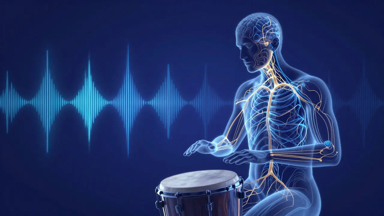Glowing neural pathways syncing with drum rhythms, illustrating music therapy's neurological impact.