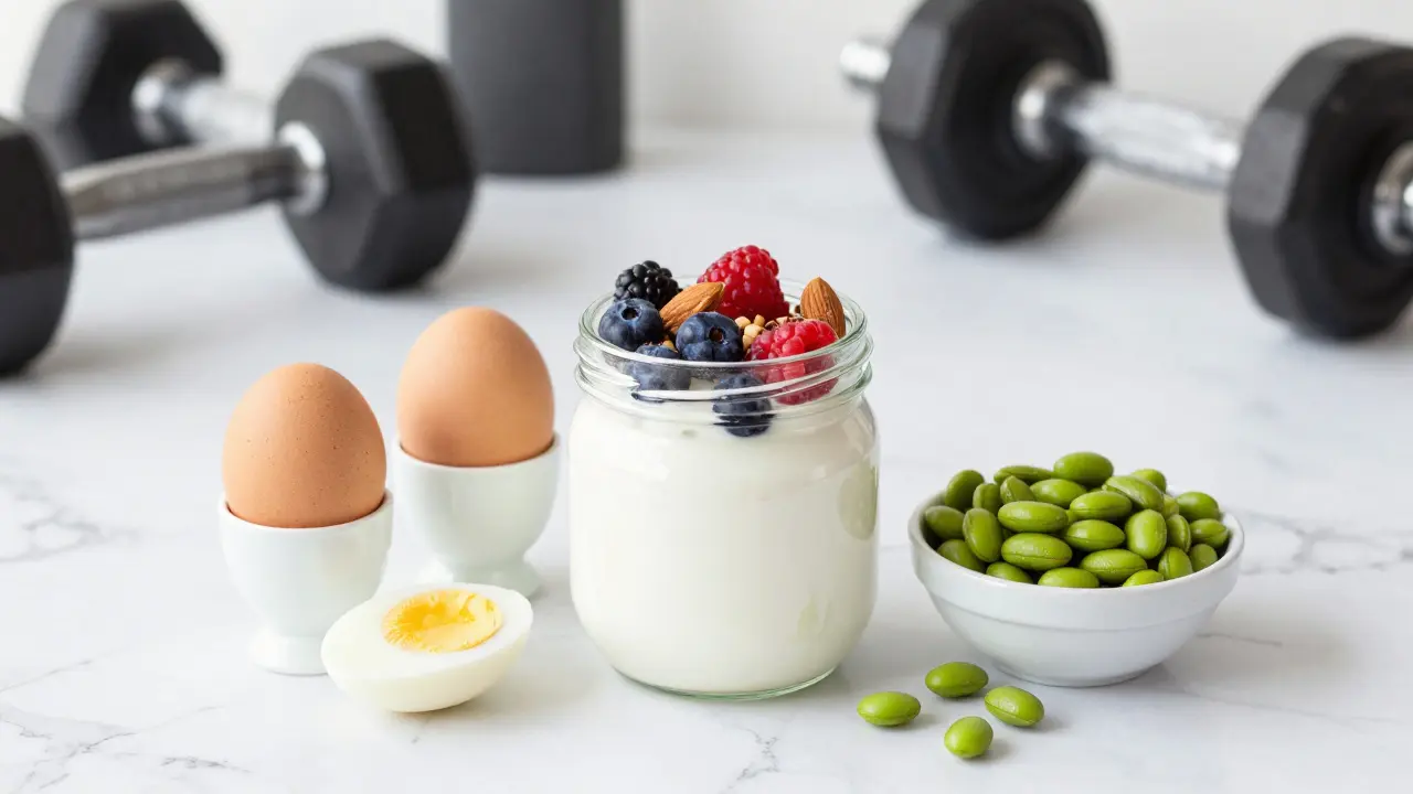 Greek yogurt, eggs, and edamame on a marble counter