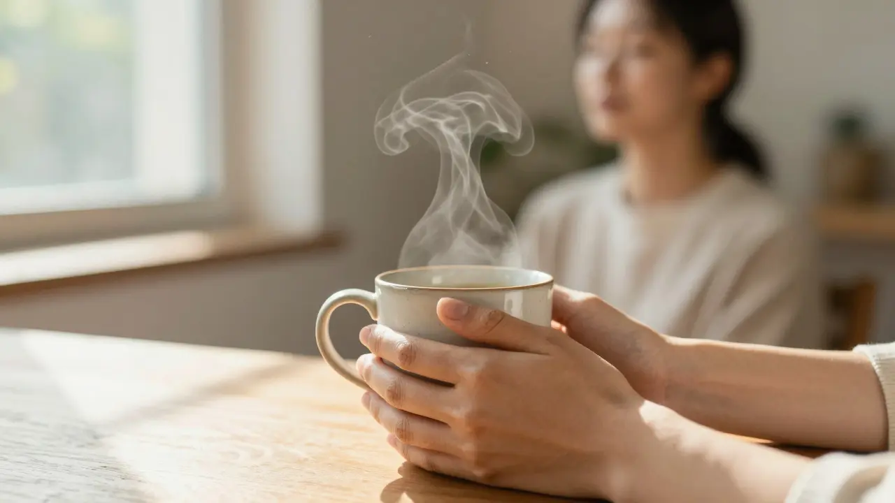 Hands holding coffee mug in morning sunlight