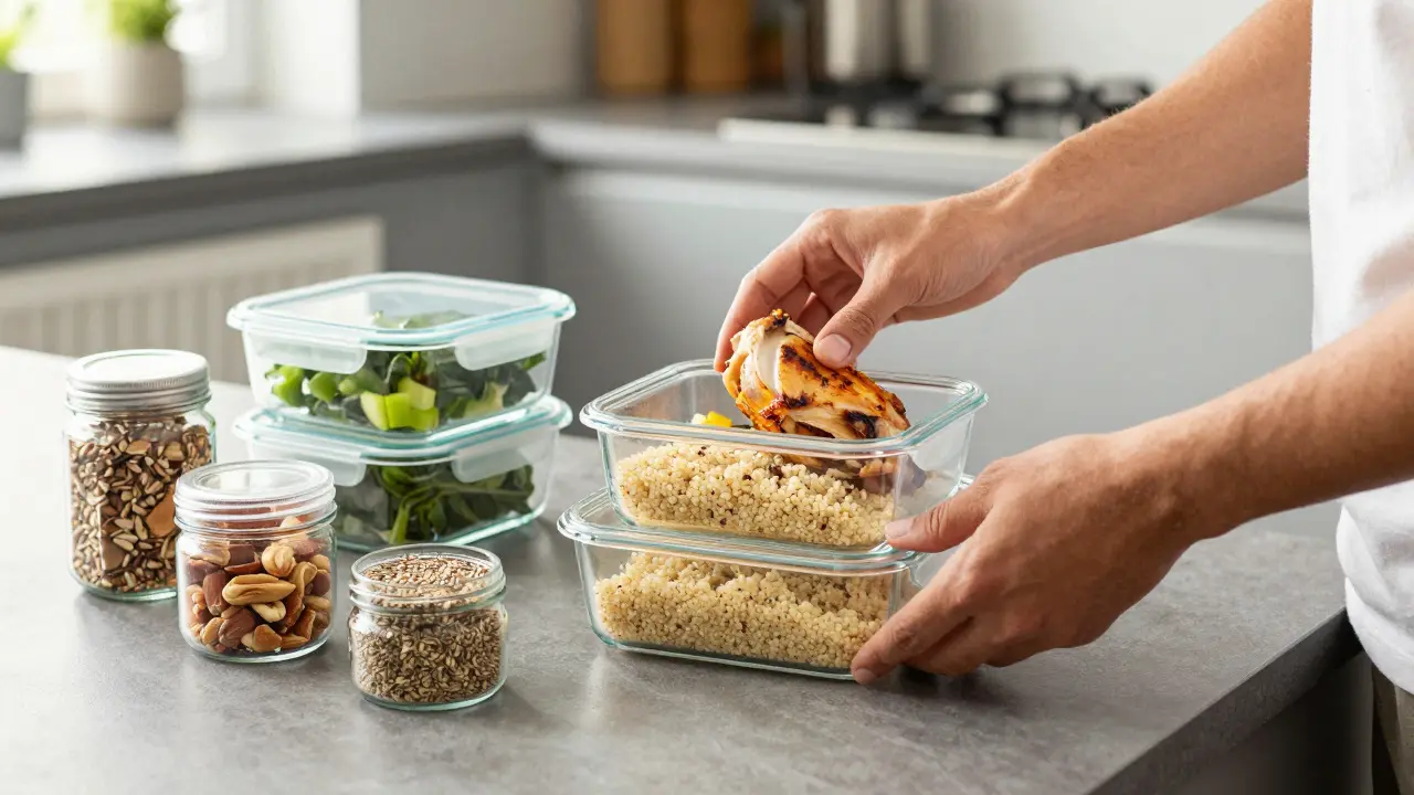 Hands packing healthy meals into glass containers