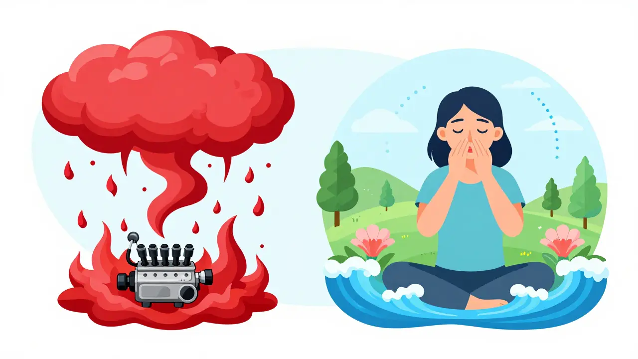 Illustration contrasting stress chaos with calm breathing science