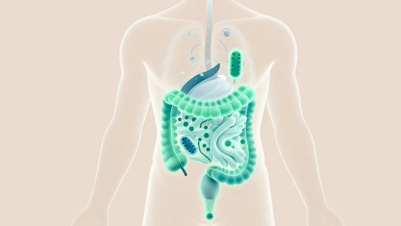 Illustration of a healthy digestive system with beneficial bacteria.