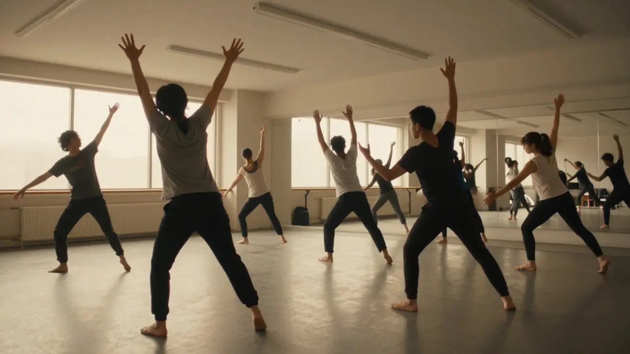 People moving expansively in a sunlit studio, demonstrating dance movement therapy for anxiety relief.