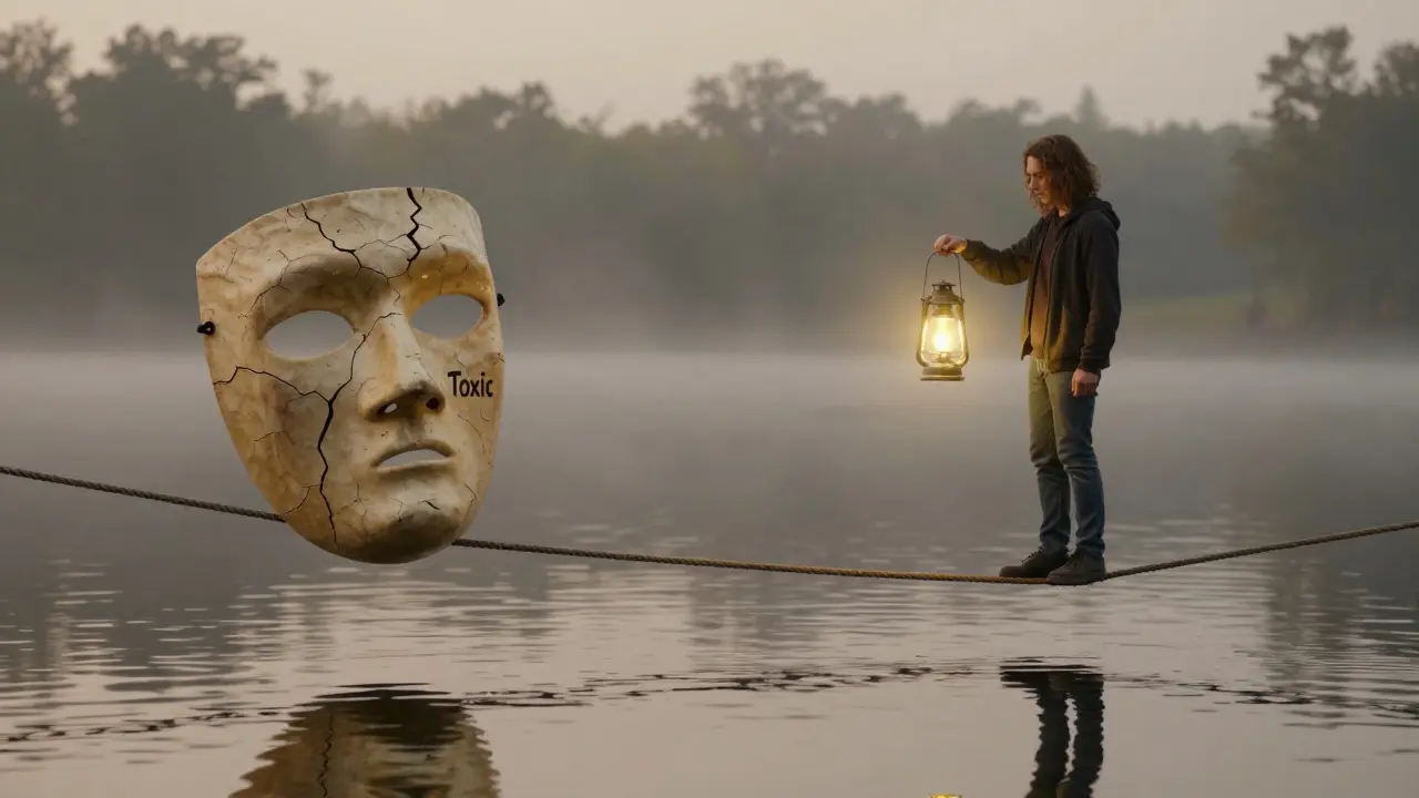 Person balancing on a tightrope with a lantern, rejecting a mask