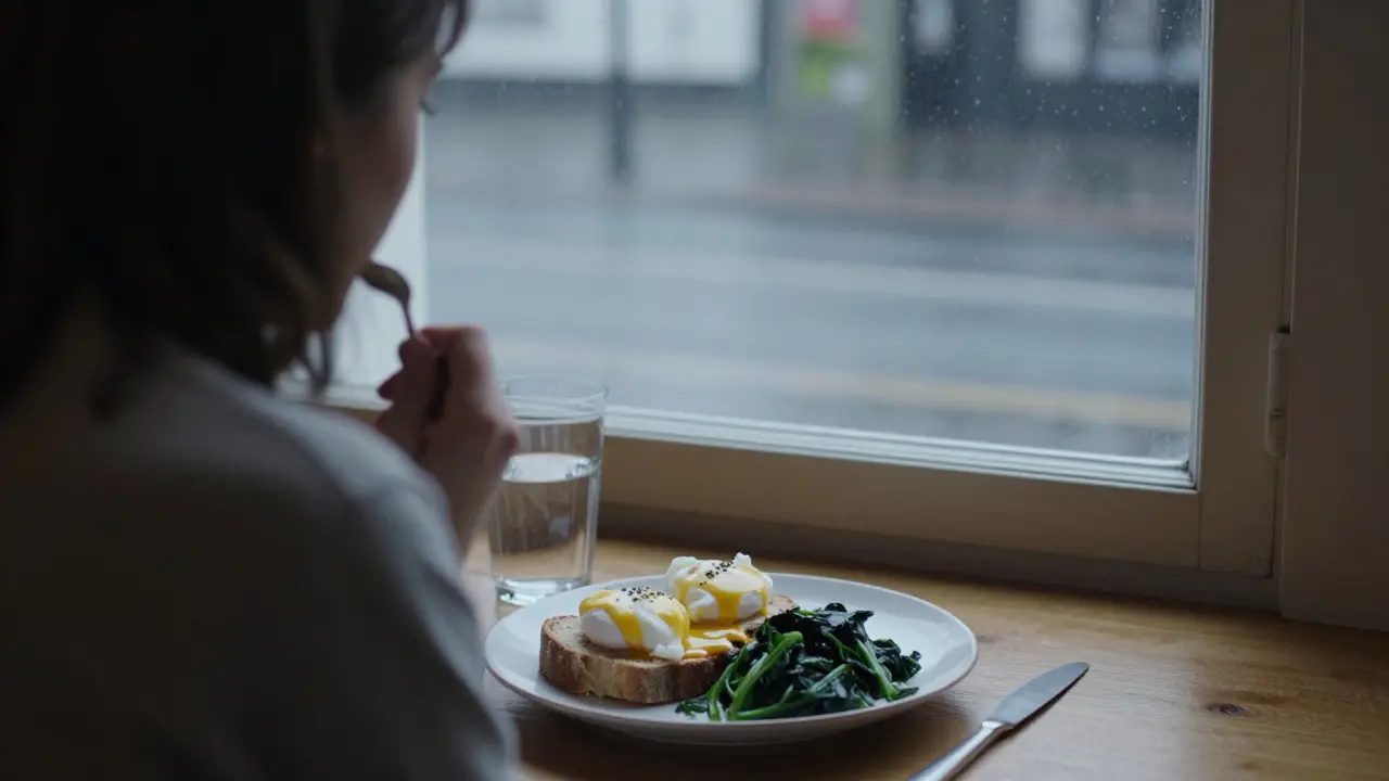 Person eating mindful breakfast by a window with soft morning light