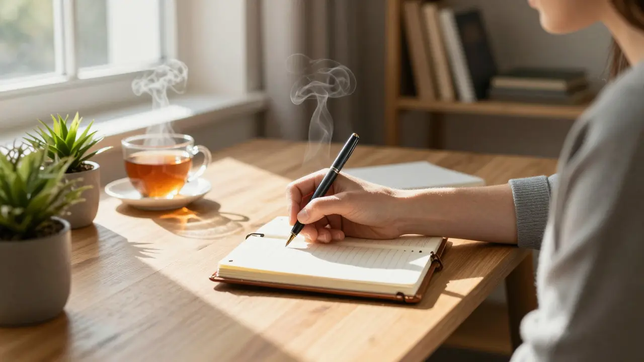 Person writing in a gratitude journal in a sunny, cozy room
