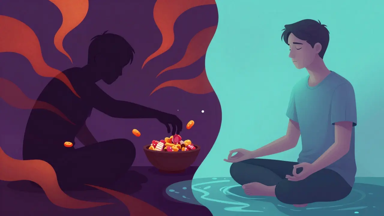Split image contrasting chaotic cravings with calm meditation