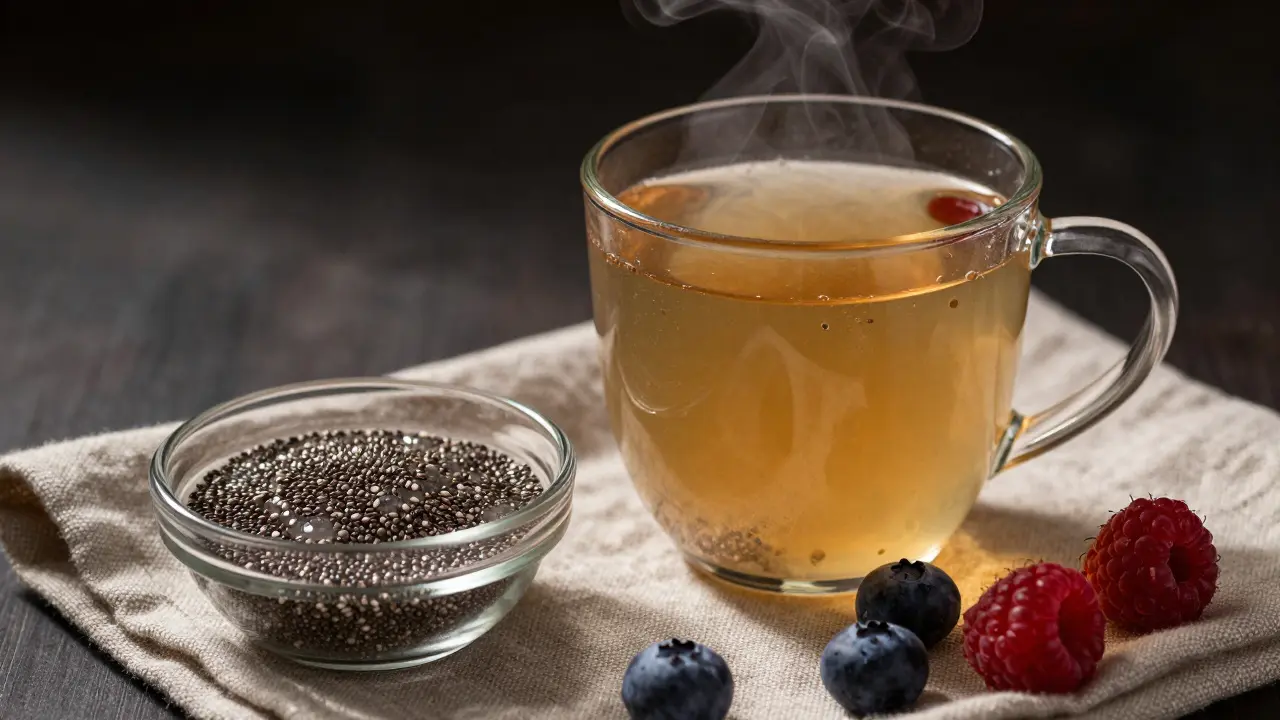 Steaming bone broth, chia seed gel, and fresh berries for gut health.