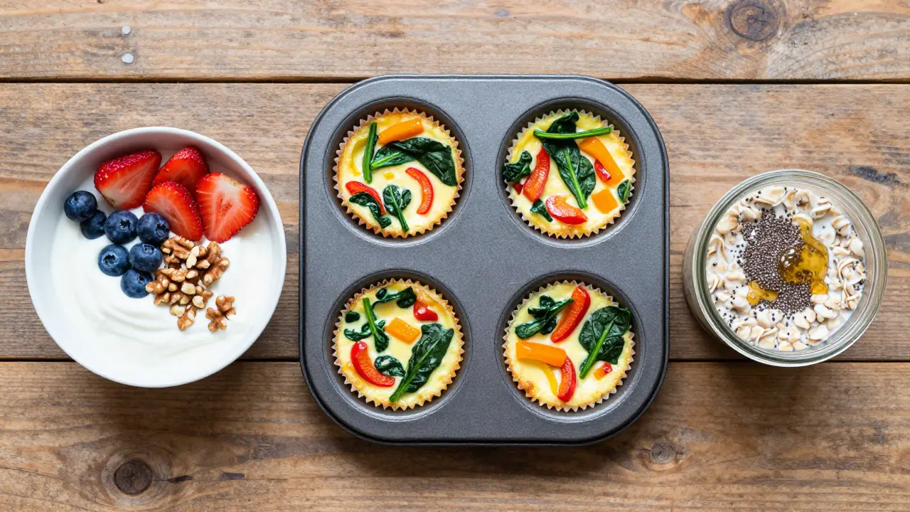 Top view of Greek yogurt bowl, egg muffins, and overnight oats on wood