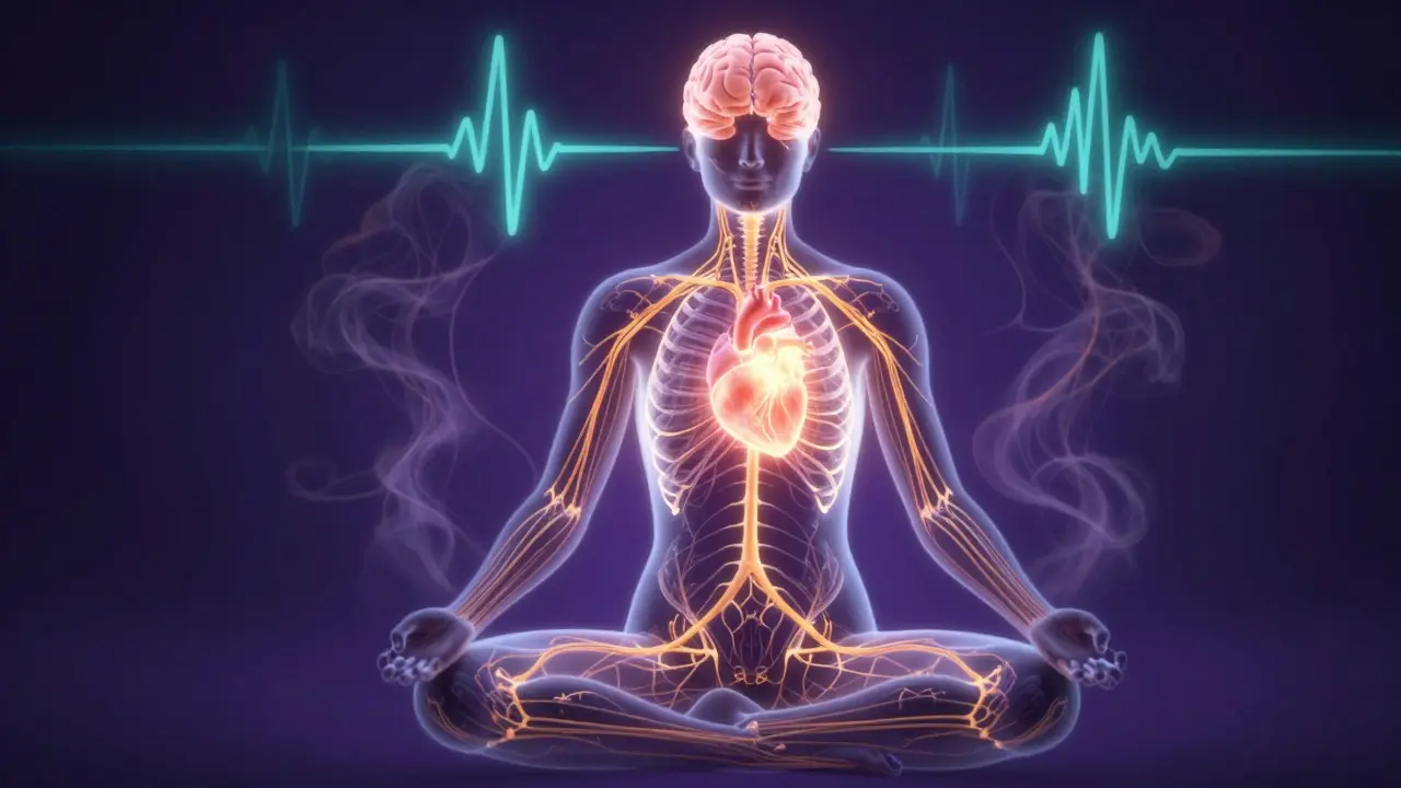 Abstract visualization of nervous system balancing mind and body through biofeedback.