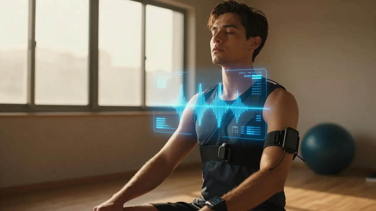 Athlete practicing breath control with HRV monitor during peak performance training.