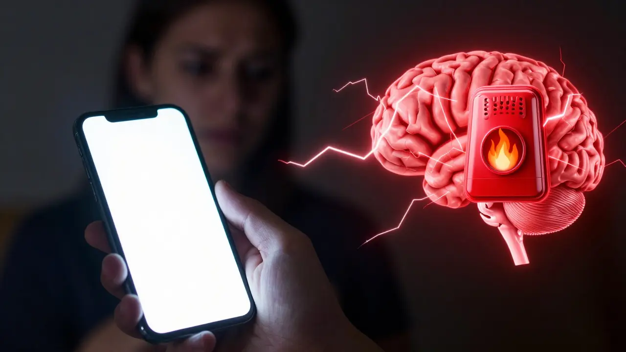Close-up of worried face lit by phone screen next to image of overactive brain alarm.