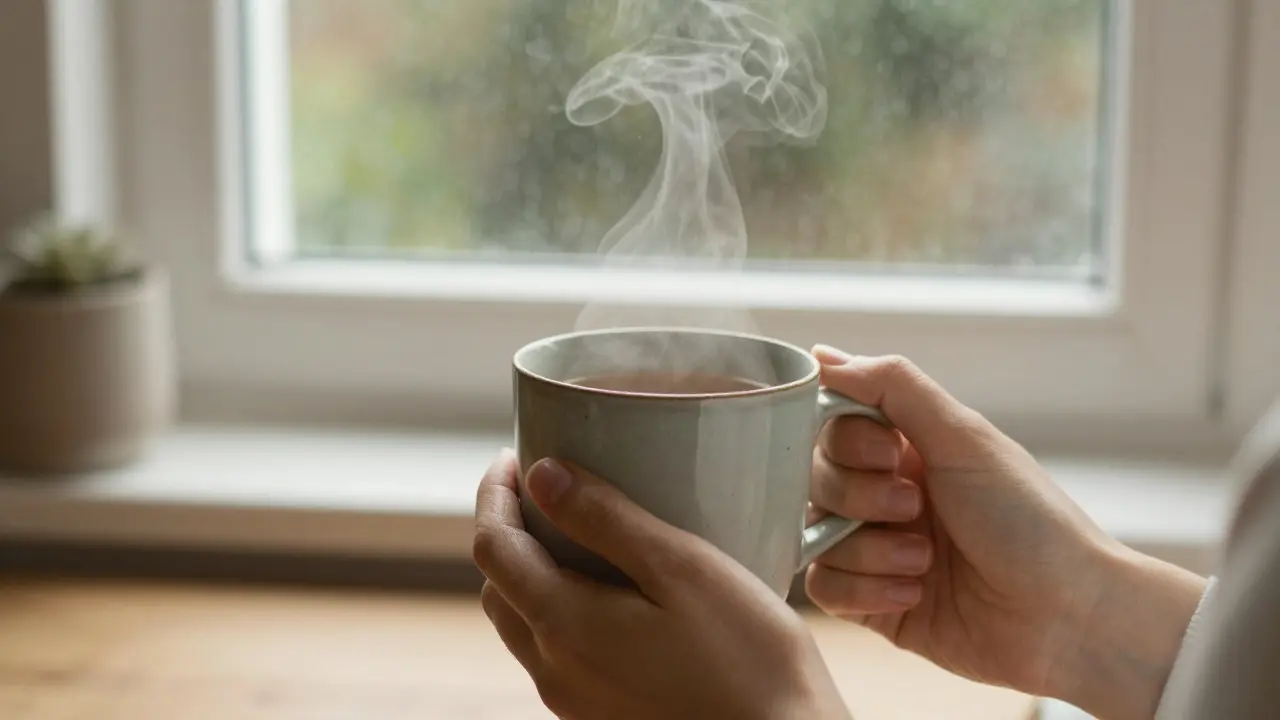 Hands holding a warm cup of tea in a serene, rainy morning setting
