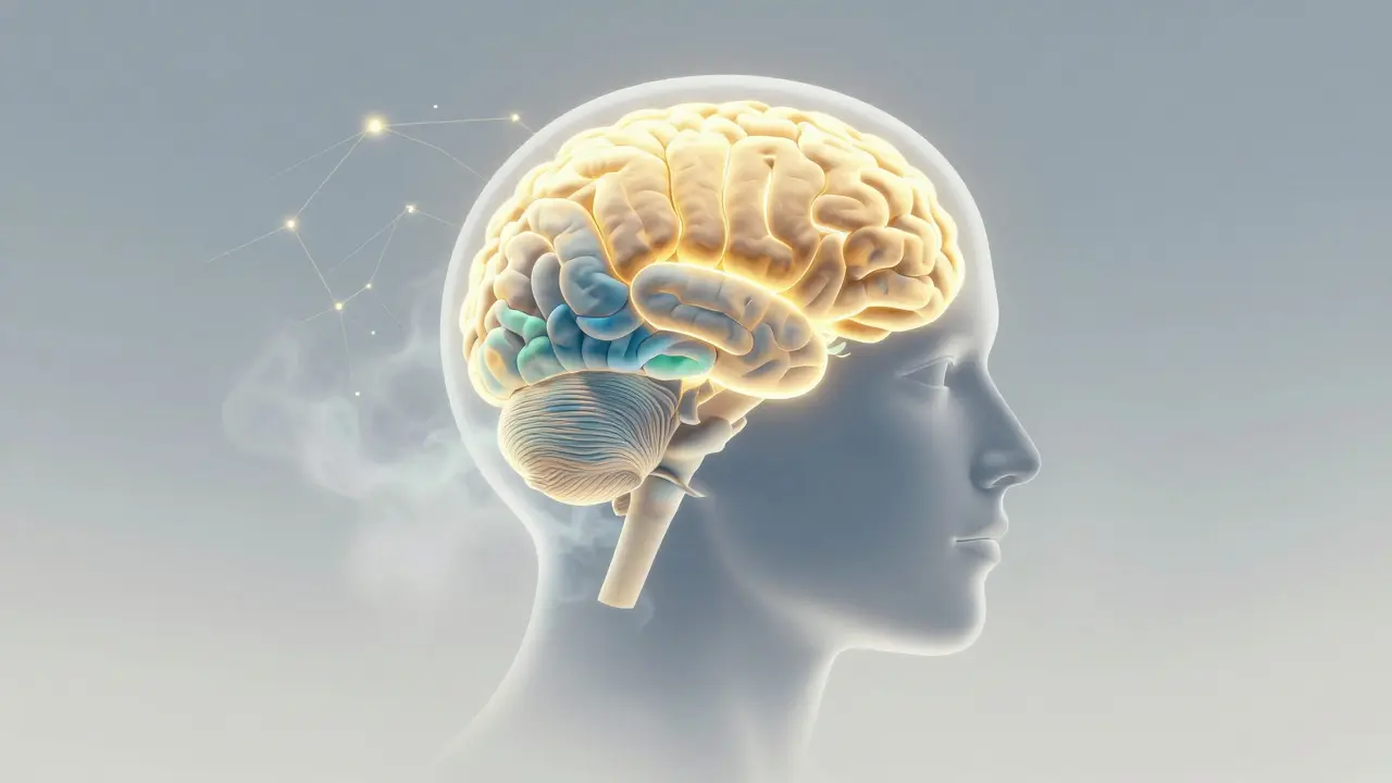 Illustration of a brain glowing with calm energy during meditation