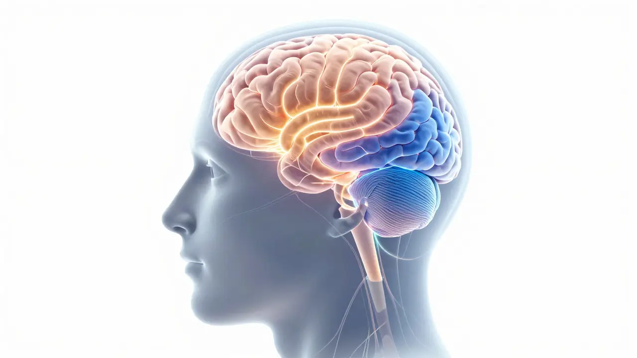 Illustration of brain changes from meditation showing calm regions