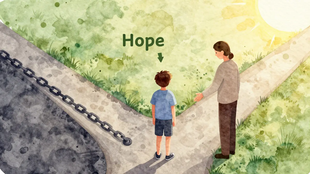 Illustration of teen choosing between darkness and light with support