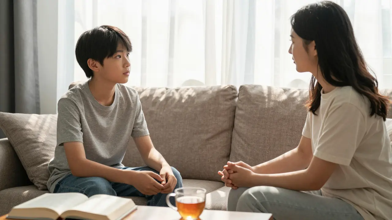 Parent and teen talking calmly on sofa in warm, natural light