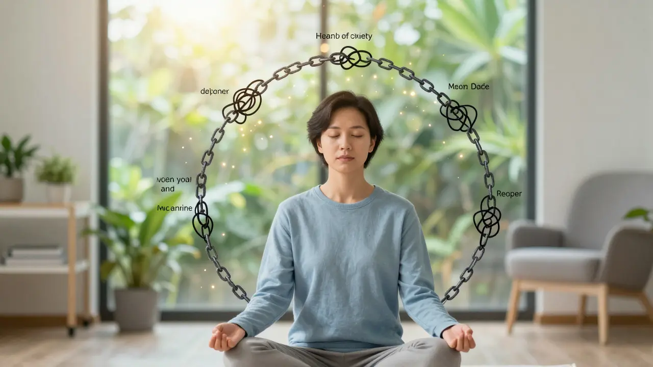 Person meditating peacefully as chains of anxiety dissolve into golden light.
