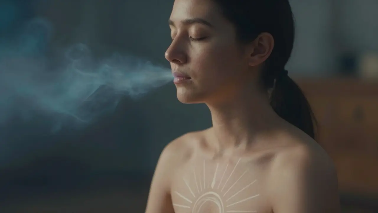 Person meditating with visual cues representing the flow of breath.