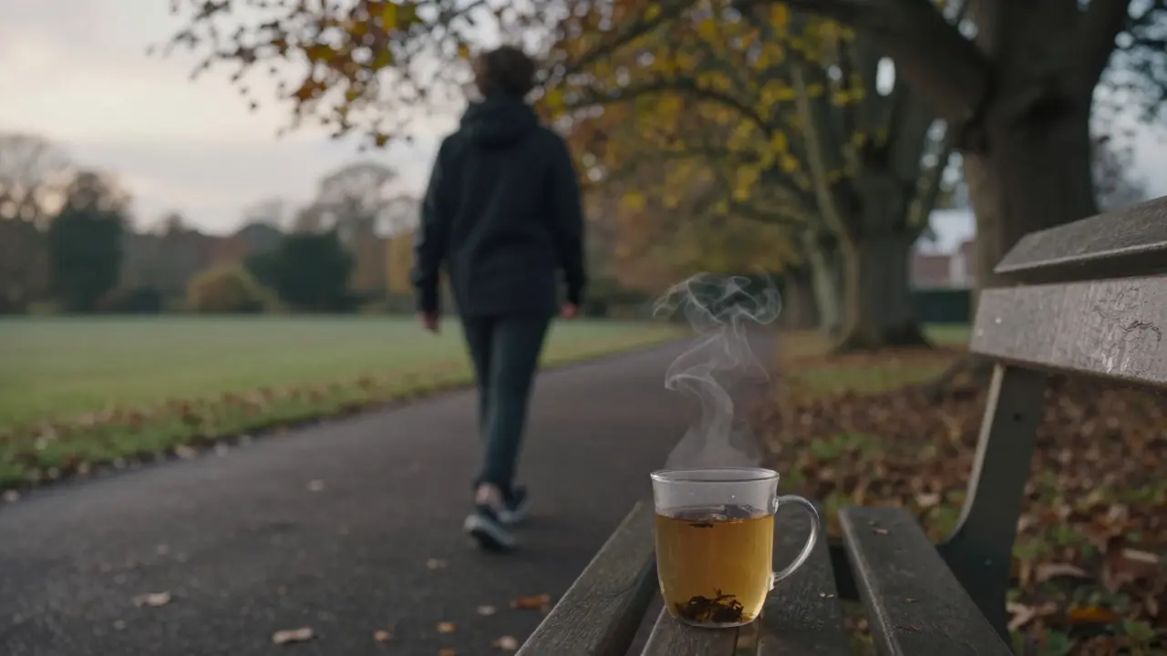 Person walking in nature with tea, symbolizing healthy lifestyle habits