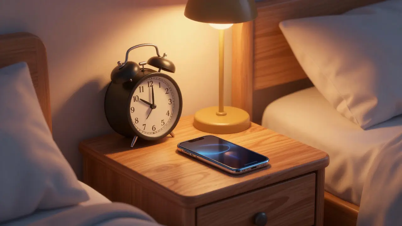 Phone face down on nightstand next to alarm clock in cozy room