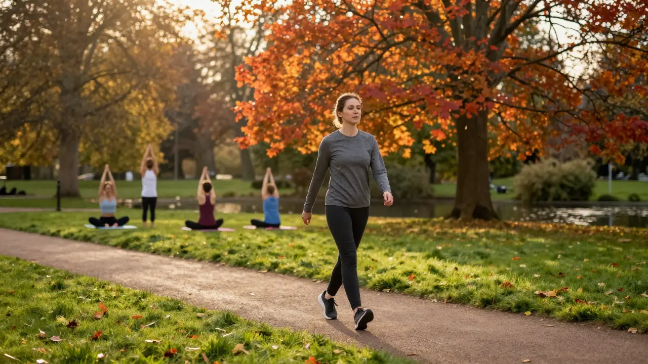 Woman walking in autumn park with people doing yoga in background