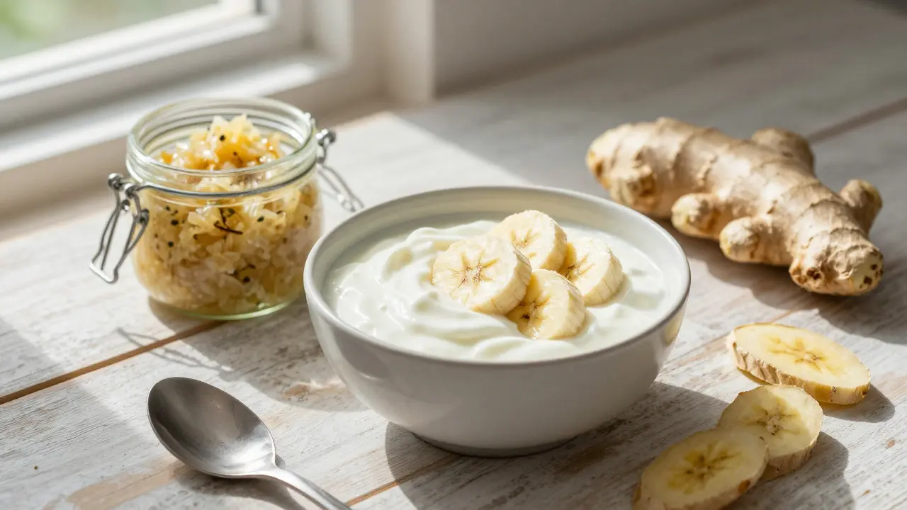 Yogurt, banana, and fermented foods representing probiotics and prebiotics