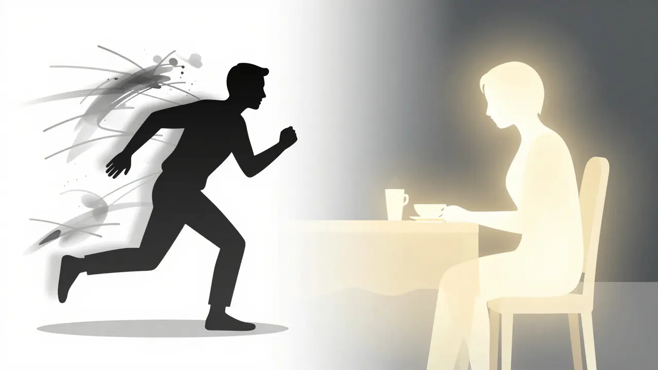 Artistic contrast showing stressed vs calm eating habits