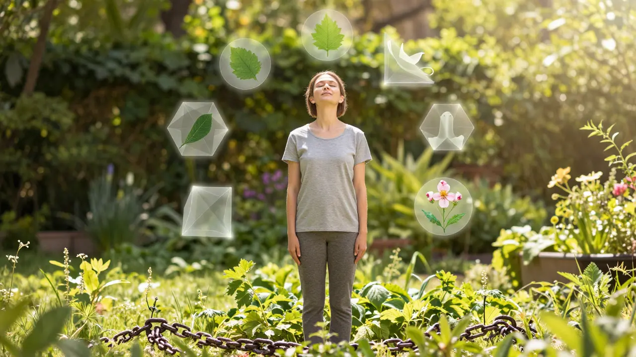 Calm person in garden with broken chains and nature elements symbolizing peace