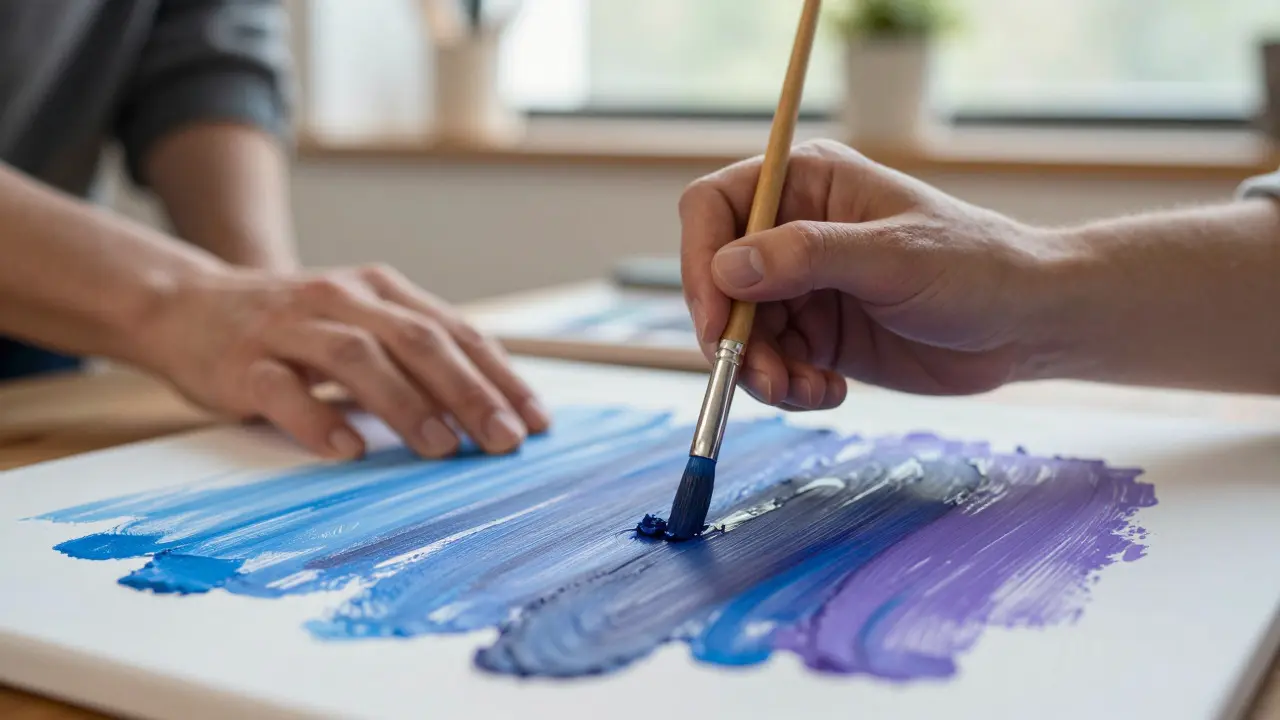 Close-up of hands painting expressive strokes on canvas