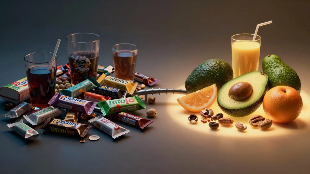 Conceptual art contrasting unhealthy junk food with healthy whole food options