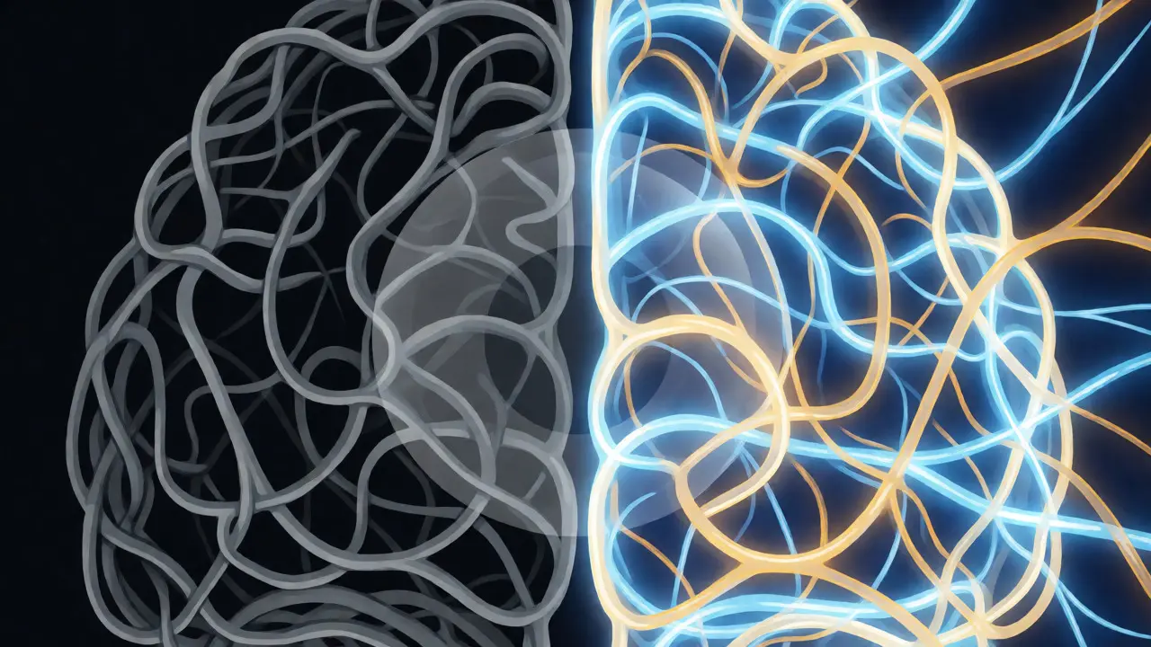 Conceptual visualization of neural pathways shifting from rigid to flexible.