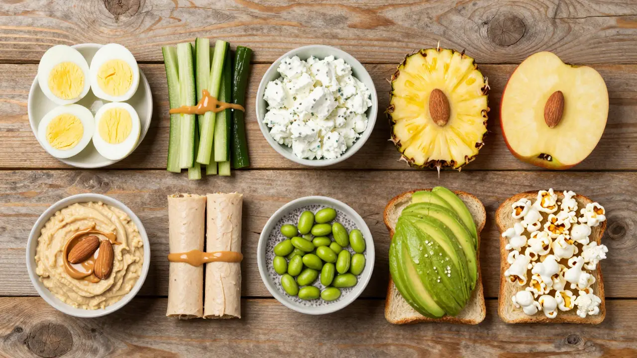 Flat lay of various healthy low-calorie snacks including eggs, veggies, and fruits