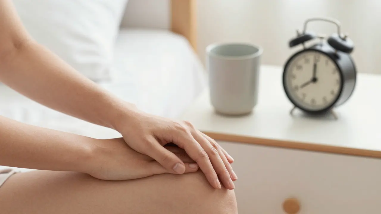 Hands resting near water cup and alarm clock