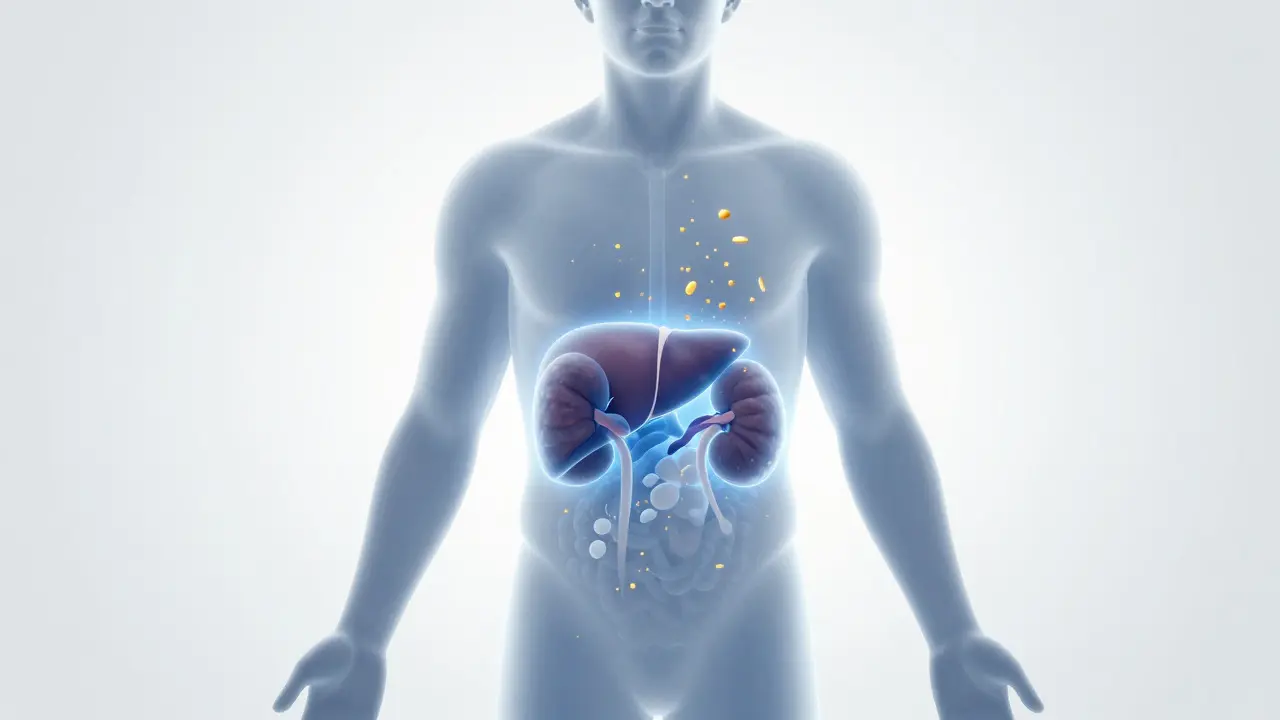 Illustration of liver and kidneys filtering toxins with nutrients