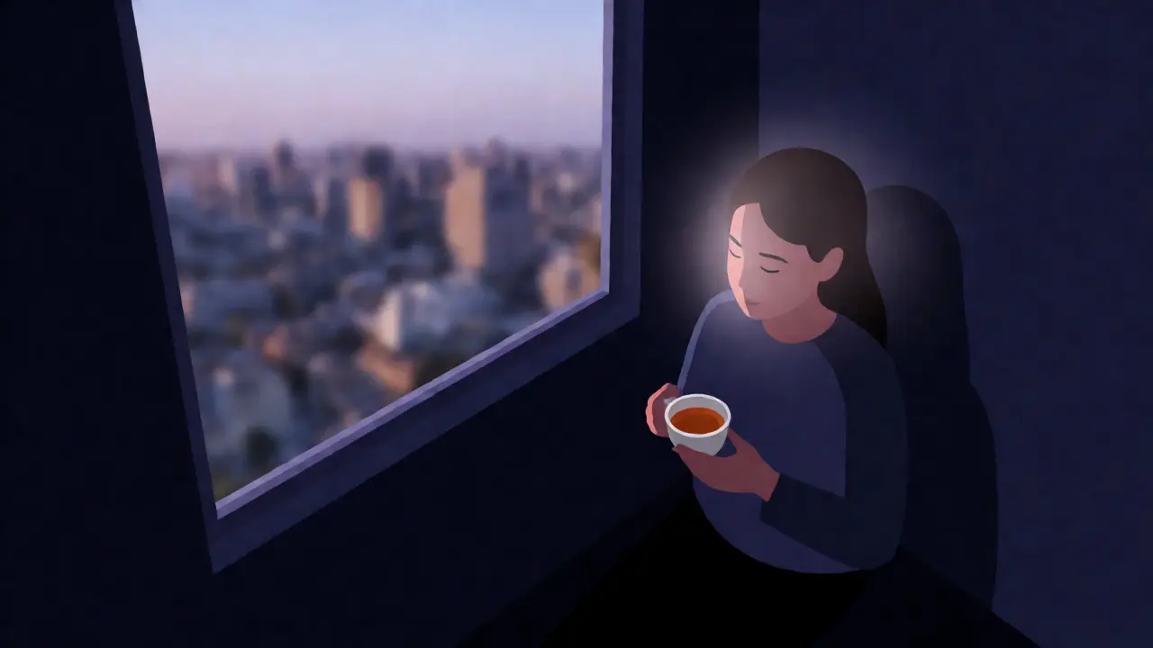 Individual meditating by a window with a calm aura against a city backdrop.