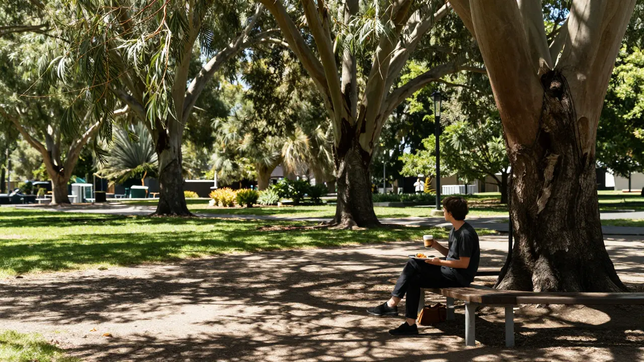 Person enjoying a quiet lunch under eucalyptus trees in a park