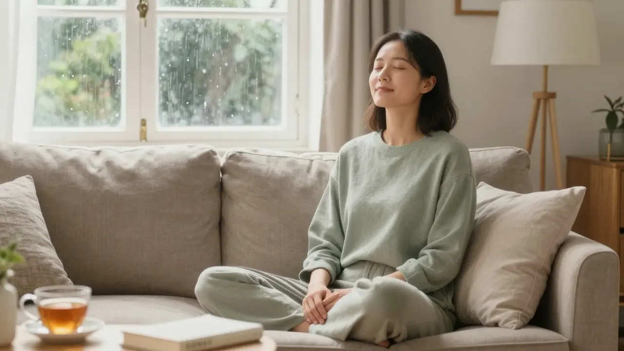 Person meditating peacefully in a cozy living room, practicing physical grounding and mindfulness.