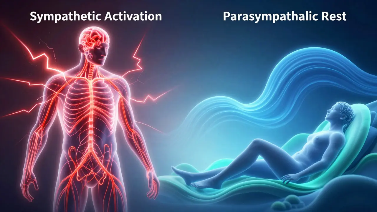 Split conceptual illustration contrasting chaotic stress signals with calm, flowing parasympathetic energy.