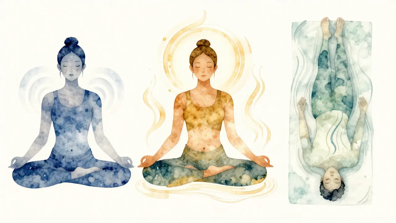 Watercolor illustration of three different meditation techniques