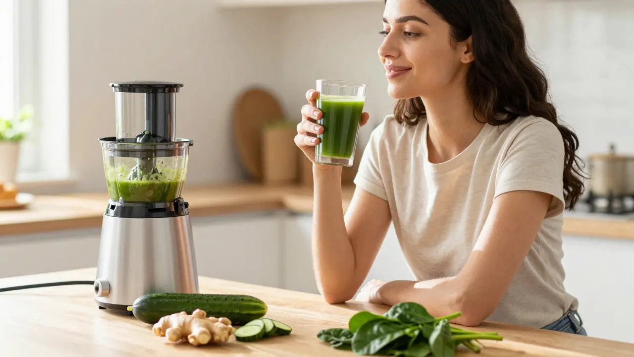 Woman drinking fresh green juice in a sunny kitchen