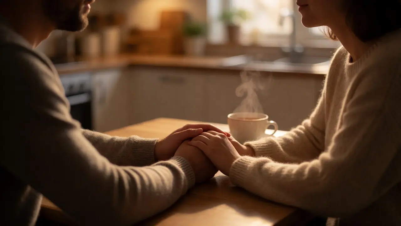 Couple holding hands calmly at kitchen table for check-in