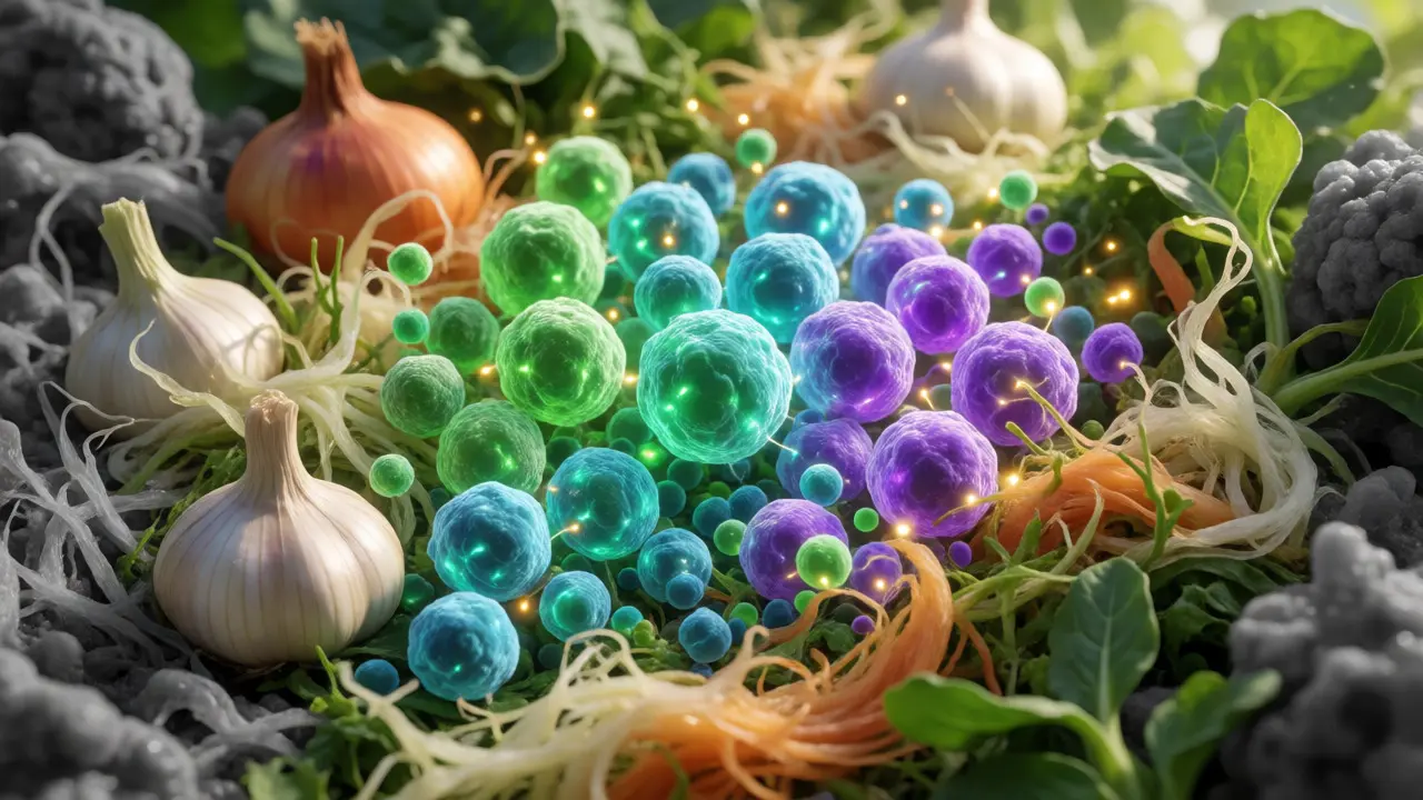 Macro view of diverse gut bacteria thriving on fiber-rich nutrients.