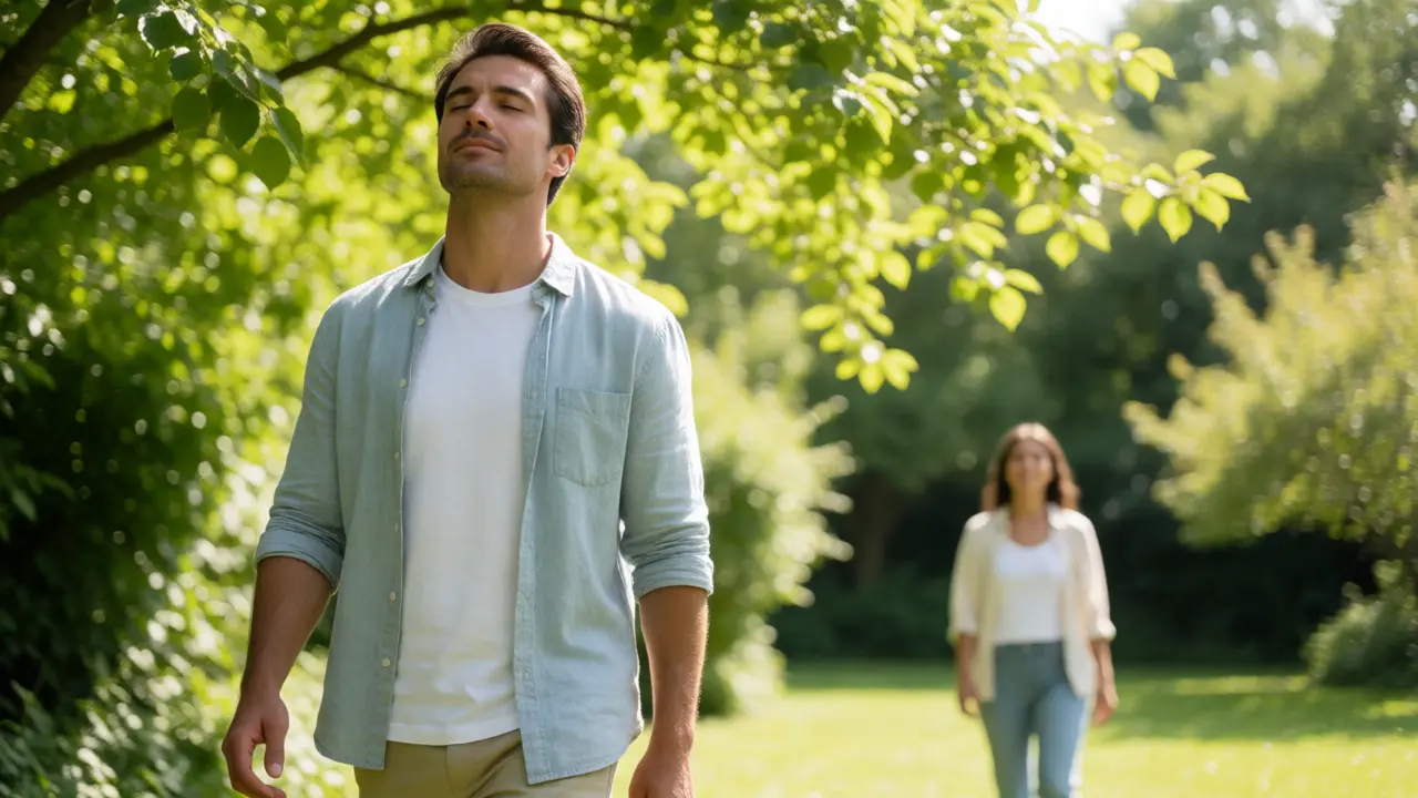 Man practicing deep breathing in park to manage stress