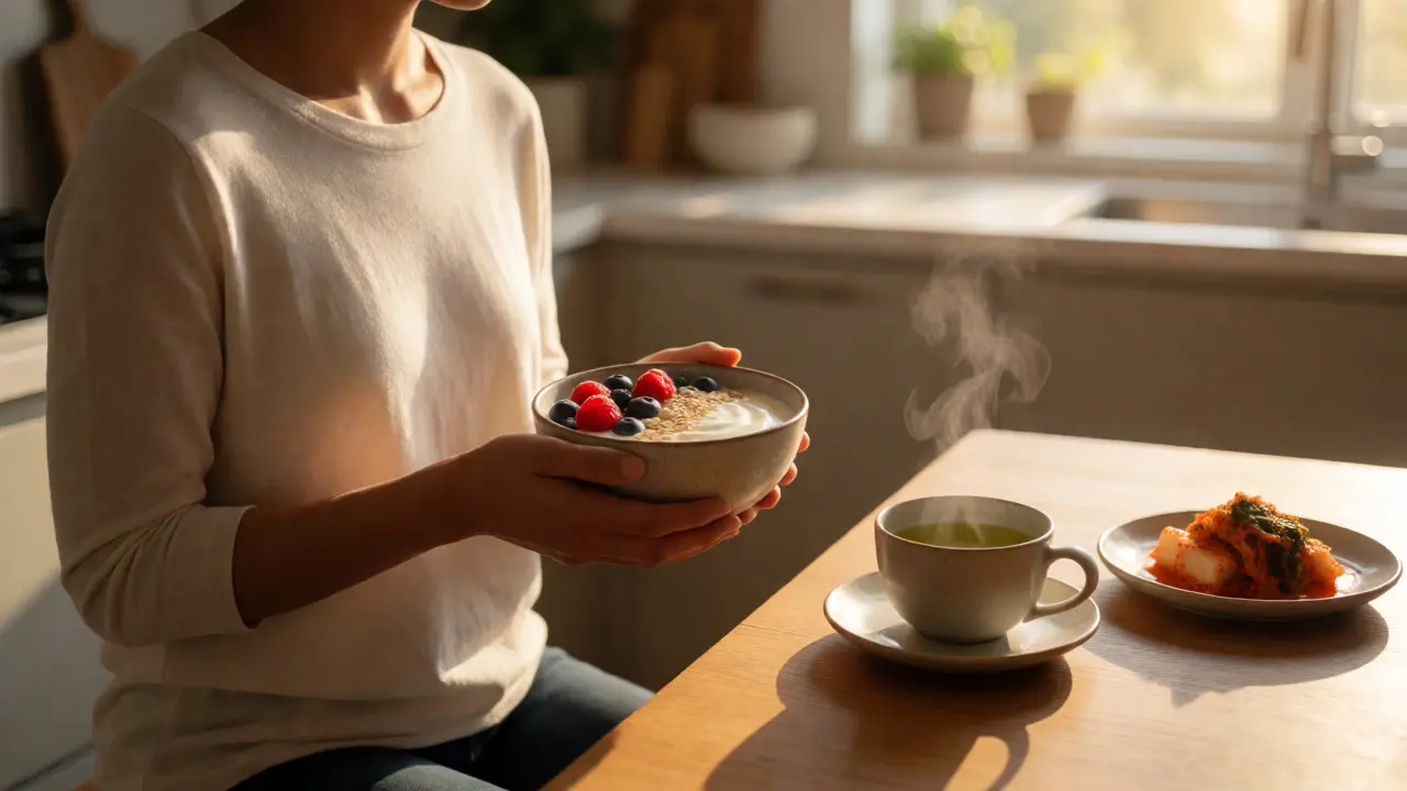 Person enjoying a gut-healthy meal with fermented foods in a calm setting.